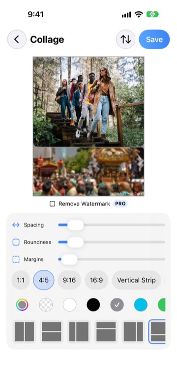 Collage editor with layout, ratio and background options