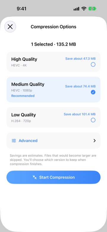 Compression options with estimated savings for High, Medium and Low quality