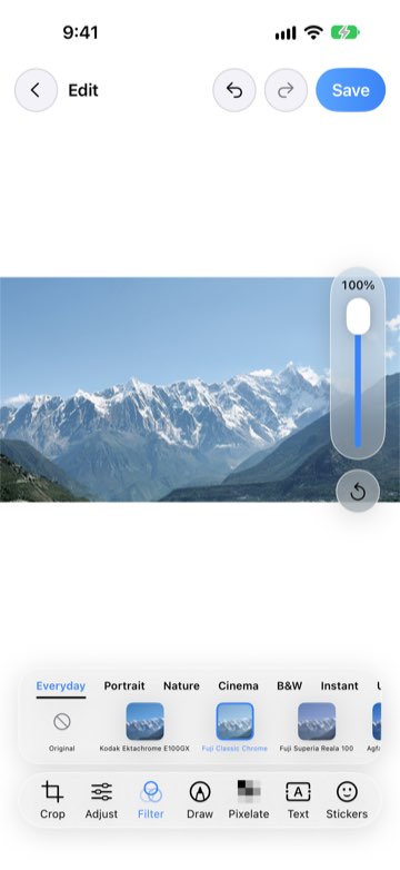 Photo editor applying a film filter