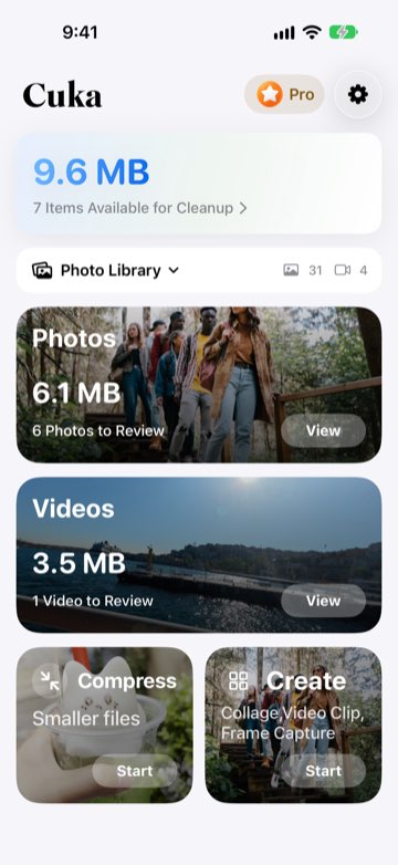 Cuka home screen showing space to free up and the Photos, Videos, Compress and Create cards