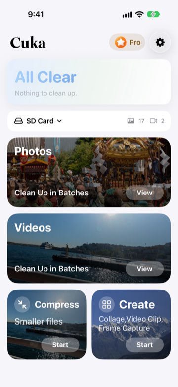 Cuka home screen with an SD card selected as the source