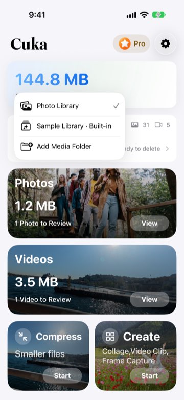 Source menu with Photo Library, Sample Library and Add Media Folder