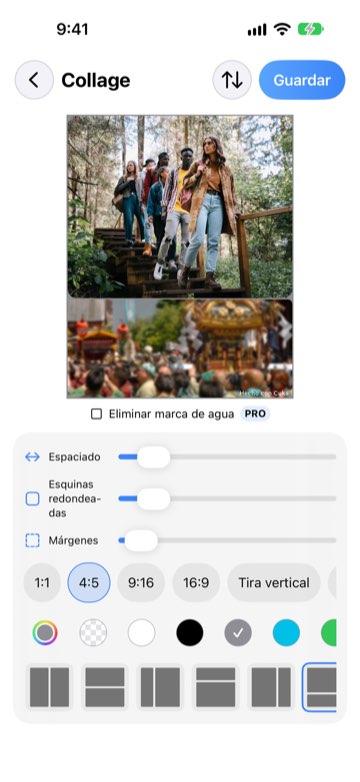 Editor de collage con opciones de diseño, proporción y fondo