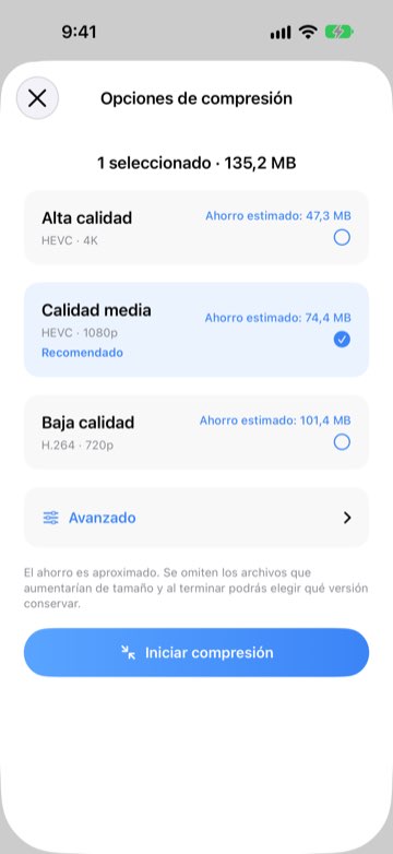 Opciones de compresión con el ahorro estimado en calidad alta, media y baja