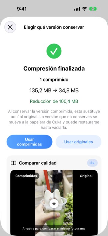 Compresión finalizada: de 135,2 MB a 34,8 MB, con comparación de calidad lado a lado