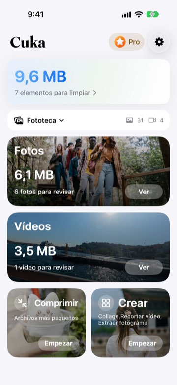 Pantalla de inicio de Cuka con el espacio que puedes liberar y las tarjetas Fotos, Vídeos, Comprimir y Crear