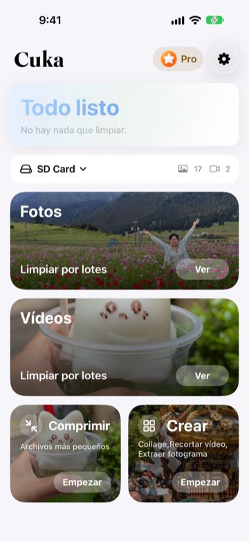 Pantalla de inicio de Cuka con una tarjeta SD como origen