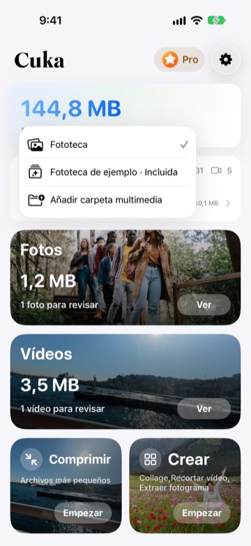 Menú de origen con Fototeca, Fototeca de ejemplo y Añadir carpeta multimedia