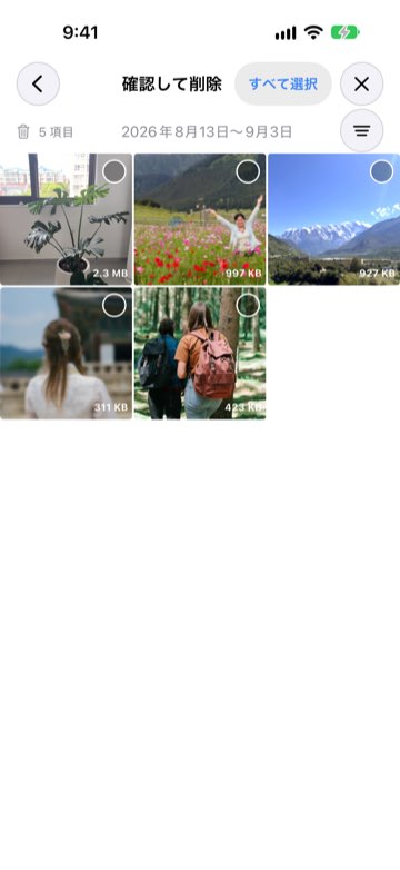 復元または削除できる写真が入った Cuka のゴミ箱