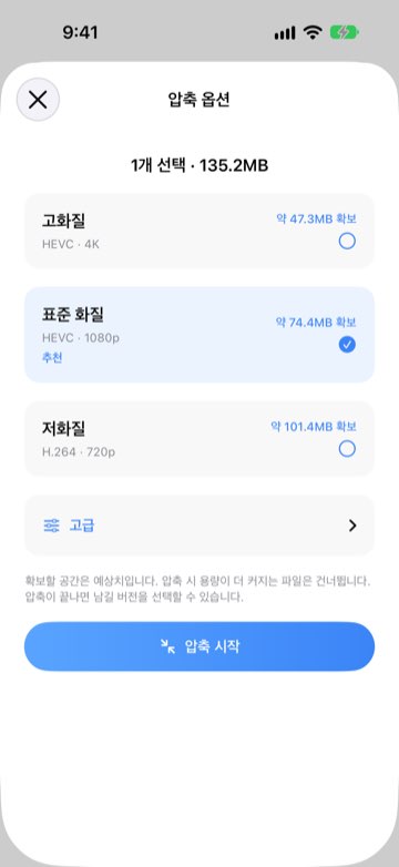고화질, 표준 화질, 저화질별 예상 절약 용량을 보여 주는 압축 옵션
