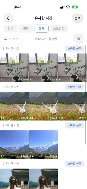 '유사' 탭에서 비슷한 사진이 그룹으로 묶이고 점수가 표시된 모습