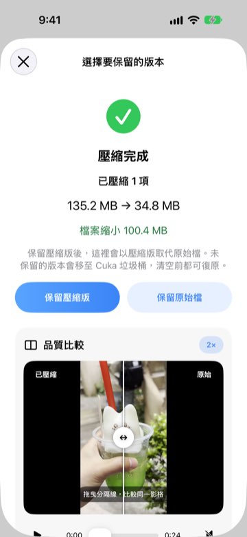 壓縮完成：135.2 MB 壓縮為 34.8 MB，並可左右對照畫質